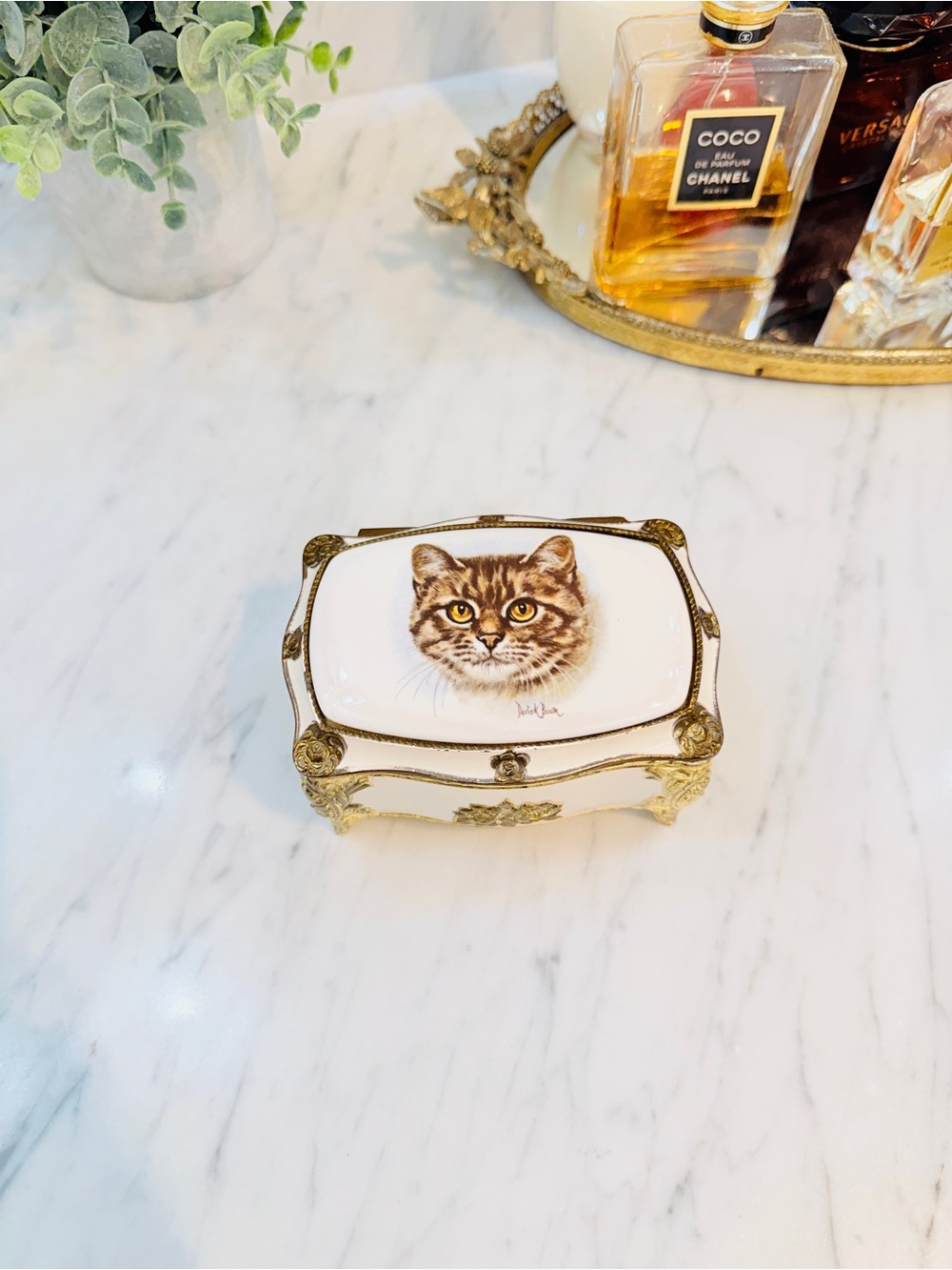 Vintage Porcelain & Enamel Cat Trinket Jewelry Box - Picture 4 of 14